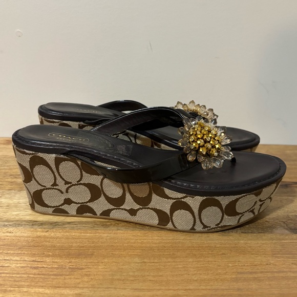 🌼Coach Brown Wedge Sandals with Beaded Design | Womens Sz 10🌼 - Picture 1 of 10